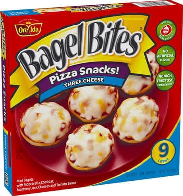 Three Cheese Mini Bagels With Mozzarella, Cheddar, Monterey Jack Cheeses And Tomato Sauce