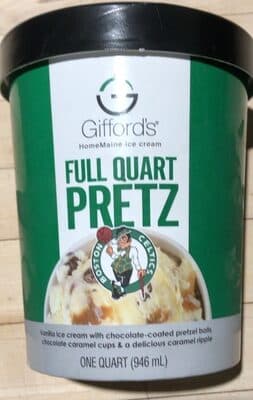 Full Quart Pretz Vanilla Homemade Ice Cream With Chocolate-Coated Pretzel Balls, Chocolate Caramel Cups & A Delicious Caramel Ripple