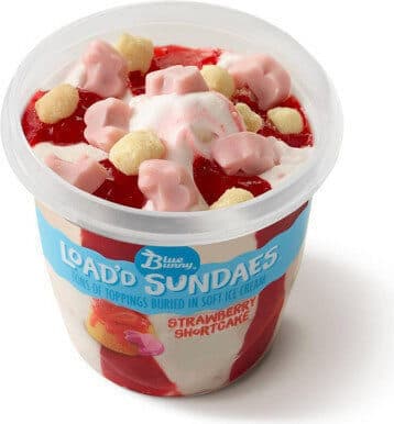 Strawberry Shortcake Strawberry Flavored Frozen Dairy Dessert; Strawberry Swirls; Strawberries; Shortcake Pieces; Candy Coated Strawberry Bunnies