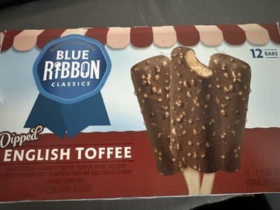 English Toffee Flavored Frozen Dairy Dessert Dipped In Chocolate Flavored Coating And Toffee Candy