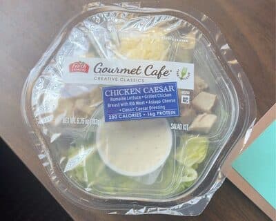 CHICKEN CAESAR ROMAINE LETTUCE GRILLED CHICKEN BREAST WITH RIB MEAT AGED ASIAGO CHEESE CLASSIC CAESAR DRESSING