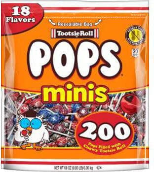 Minis Pops, Watermelon, Raspberry, Chocolate, Cherry, Grape, Orange, Strawberry, Green Apple, Fruit Punch, Black Cherry, Blue Raspberry, Strawberry Kiwi, Tangerine, Blackberry, Pomegranate, Banana, Mango, Lemon
