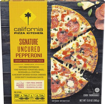 SIGNATURE UNCURED PEPPERONI TOPPED WITH UNCURED PEPPERONI, CINE-RIPENED TOMATOES, BASIL, MOZZARELLA, FONTINA & HICKORY SMOKED GOUDA CHEESES OVER ZESTY MARINARA SAUCE CRISPY THIN CRUST PIZZA, SIGNATURE UNCURED PEPPERONI