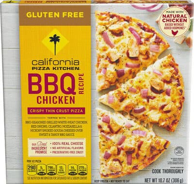 BBQ Recipe Chicken Topped with BBQ-Seasoned Grilled White-Meat Chicken, Red Onions, Cilantro, Mozzarella & Hickory Smoked Gouda Cheeses Over Sweet & Tangy BBQ Sauce Gluten Free Crispy Thin Crust Pizza