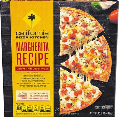 Margherita Topped with Vine-Ripened Roma Tomatoes, Extra Virgin Olive Oil, Sweet Basil, Mozzarella & Fontina Cheeses Over Tomato Basil Sauce Crispy Thin Crust Pizza