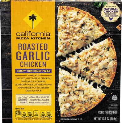 Roasted Garlic Chicken Topped with Grilled White-Meat Chicken, Mozzarella Cheese, Roasted Garlic, White Onions and Parsley Over Creamy Garlic Sauce Crispy Thin Crust Pizza