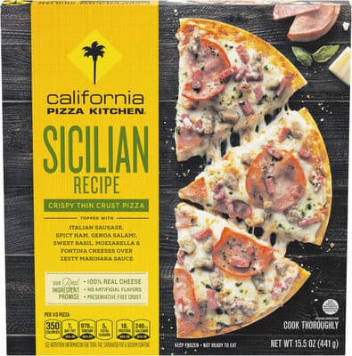 Sicilian Recipe Topped with Italian Sausage, Spicy Ham, Genoa Salami, Sweet Basil, Mozzarella & Fontina Cheeses Over Zesty Marinara Sauce Crispy Thin Crust Pizza