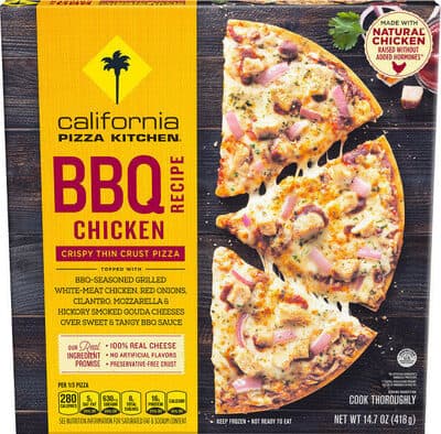 BBQ Recipe Chicken Topped with BBQ-Seasoned Grilled White-Meat Chicken, Red Onions, Cilantro, Mozzarella & Hickory Smoked Gouda Cheeses Over Sweet & Tangy BBQ Sauce Crispy Thin Crust Pizza