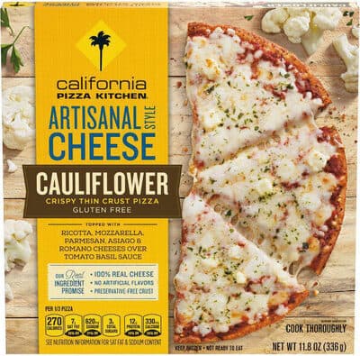 Artisanal Style Cheese Topped with Ricotta, Mozzarella, Parmesan, Asiago & Romano Cheeses Over Tomato Basil Sauce Cauliflower Gluten Free Crispy Thin Crust Pizza