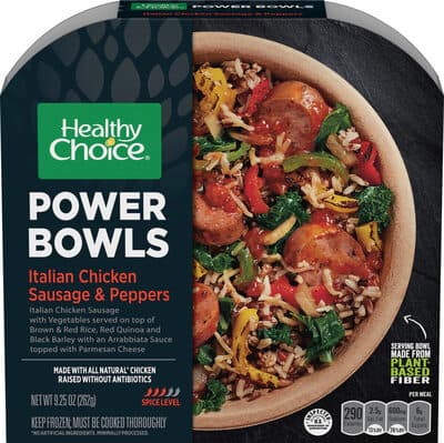 Italian Chicken Sausage & Peppers with Vegetables Served on Top of Brown & Red Rice, Red Quinoa and Black Barley with an Arrabbiata Sauce Topped with Parmesan Cheese Power Bowls
