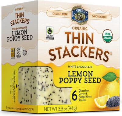 White Chocolate Lemon Poppy Seed Organic Chocolate Covered Puffed Grain Snacks