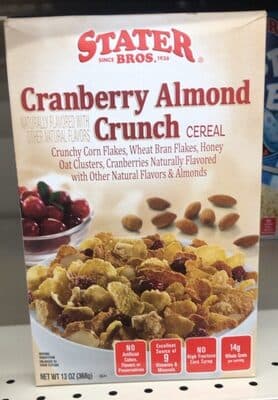 Cranberry Almond Crunch Crunchy Corn Flakes, Wheat Bran Flakes, Honey Oat Clusters, Cranberries Cereal