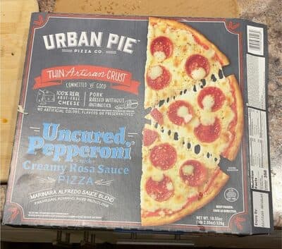 Uncured Pepperoni with Creamy Rosa Sauce, Marinara Alfredo Sauce Blend, Parmesan, Romano, Diced Provolone Thin Artisan Crust Pizza