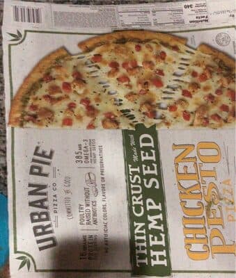 Chicken Pesto Romano, Provolone, Parmesan, Mozzarella, Diced Tomatoes Thin Crust Made with Hemp Seed Pizza