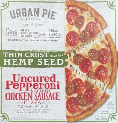 Uncured Pepperoni & Sliced Chicken Sausage Zesty Marinara Sauce, Romano, Parmesan, Mozzarella, Provolone Thin Crust Made with Hemp Seed Pizza