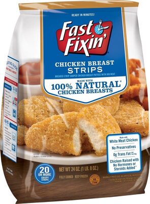 CHICKEN BREAST STRIPS, BREADED STRIP CHICKEN BREAST PATTIES WITH RIB MEAT, MADE WITH WHITE MEAT