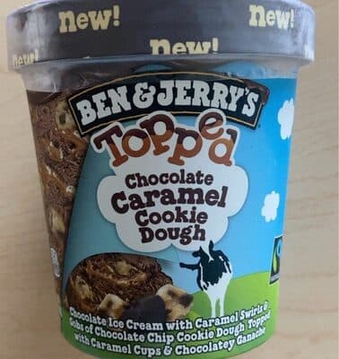 Topped Chocolate Caramel Cookie Dough Chocolate Ice Cream With Caramel Swirls & Gobs Of Chocolate Chip Cookie Dough Topped With Caramel Cups & Chocolatey Ganache