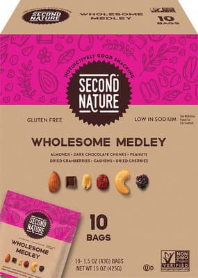 Almonds, Dark Chocolate Chunks, Peanuts, Dried Cranberries, Cashews, Dried Cherries, Wholesome Medley