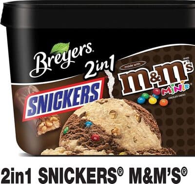 Snickers & M&M's Minis Chocolate Candies Caramel And Chocolate Light Ice Cream With Pieces Of Snickers Bar And M&M's Minis Milk Chocolate Candies