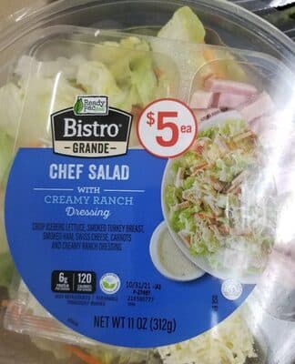 Chef Salad With Creamy Ranch Crisp Iceberg Lettuce, Smoked Turkey Breast, Smoked Ham, Swiss Cheese, Carrots And Creamy Ranch Dressing