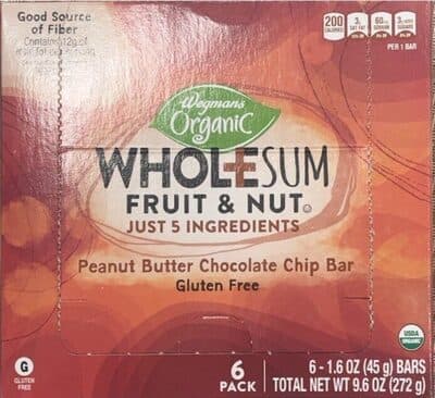 Wholesum fruit and nut peanut butter chocolate chip bar