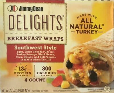 Southwest Style Eggs, White Cheddar Cheese, Turkey Sausage, Black Beans, Corn, Onions, And Bell Peppers In Whole Wheat Tortilla Breakfast Wraps