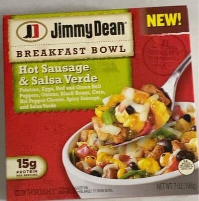 Hot Sausage & Salsa Verde Potatoes, Eggs, Red and Green Bell Peppers, Onions, Black Beans, Corn, Hot Pepper Cheese, Spicy Sausage, And Salsa Verde Breakfast Bowl