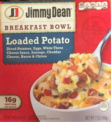 Loaded Potato Diced Potatoes, Eggs, White Three Cheese Sauce, Sausage, Cheddar Cheese, Bacon & Chives Breakfast Bowl