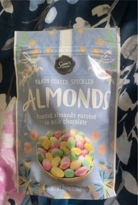 Candy coated, speckled almonds