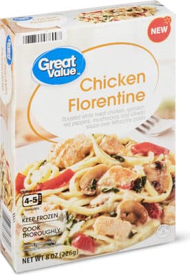 CHICKEN FLORENTINE ROASTED WHITE MEAT CHICKEN, SPINACH, RED PEPPERS, MUSHROOMS AND ALFREDO SAUCE OVER FETTUCCINE PASTA, CHICKEN FLORENTINE