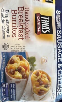 Egg, Sausage & Cheddar Cheese Handcrafted Breakfast Burritos