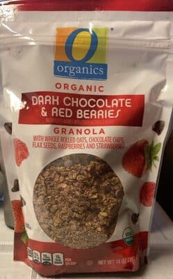 Organic Dark Chocolate & Red Berries Granola With Whole Rolled Oats, Chocolate Chips, Flax Seeds, Raspberries And Strawberries
