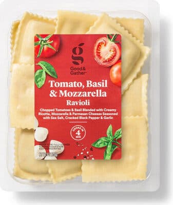 Tomato, Basil & Mozzarella Ravioli Chopped Tomatoes & Basil Blended with Creamy Ricotta, Mozzarella & Parmesan Cheeses Seasoned with Sea Salt, Cracked Black Pepper & Garlic Powder