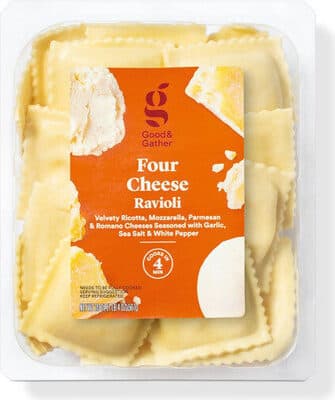 Four Cheese Ravioli Velvety Ricotta, Mozzarella, Parmesan & Romano Cheeses Seasoned With Garlic, Sea Salt & White Pepper