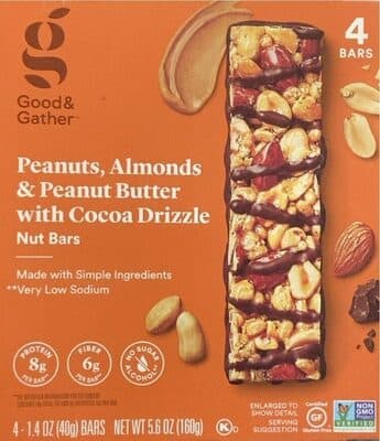 Peanuts, Almonds & Peanut Butter with Cocoa Drizzle Nut Bars