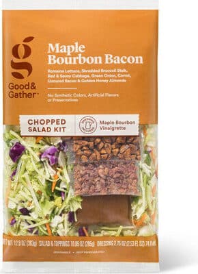 Maple Bourbon Bacon Romaine Lettuce, Shredded Broccoli Stalk, Red & Savoy Cabbage, Green Onion, Carrot, Uncured Bacon & Golden Honey Almonds Chopped Salad Kit