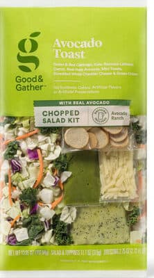 Avocado Toast Green Cabbage, Green Leaf Lettuce, Real Hass Avocado, Mini Toasts, Red Cabbage, Carrot, Kale, Shredded White Cheddar Cheese & Green Onion Chopped Salad Kit