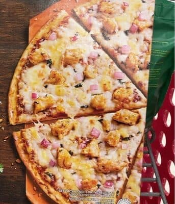 BBQ Chicken Made With Mozzarella, Romano, Parmesan & Smoked Gouda Cheeses, Seasoned White-Meat Chicken, Red Onions, Sweet BBQ Sauce On A Crispy, Ultra-Thin Crust Pizza