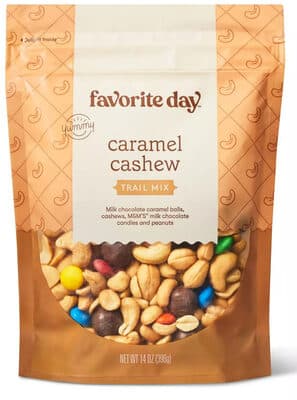 Caramel Cashew Milk Chocolate Balls, Cashews, M&M's Milk Chocolate Candies and Peanuts Trail Mix