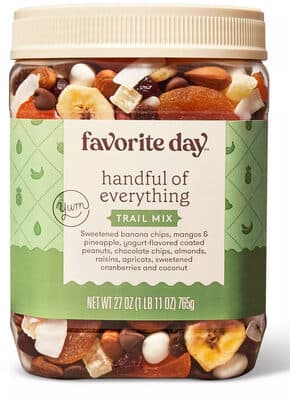 Sweetened Banana Chips, Mangos & Pineapple, Yogurt-Flavored Coated Peanuts, Chocolate Chips, Almonds, Raisins, Apricots, Sweetened Cranberries and Coconut Trail Mix