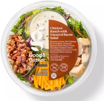 Chicken Ranch With Uncured Bacon Romaine Lettuce, Red Cabbage & Carrot Blend, Seasoned Roasted White-Meat Chicken, Shredded Cheddar Cheese, Croutons With Buttermilk Ranch Dressing Salad