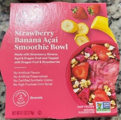 Strawberry Banana Acai Smoothie Made With Strawberry, Banana, Acai & Dragon Fruit And Topped With Dragon Fruit & Strawberries Bowl