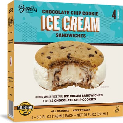 Premium Vanilla Fudge Swirl Ice Cream Sandwiched Between 2 Chocolate Chip Cookies