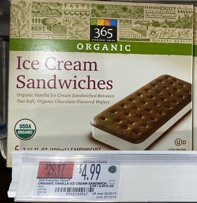 Vanilla Organic Ice Cream Sandwiched Between Two Soft, Organic Chocolate-Flavored Wafers