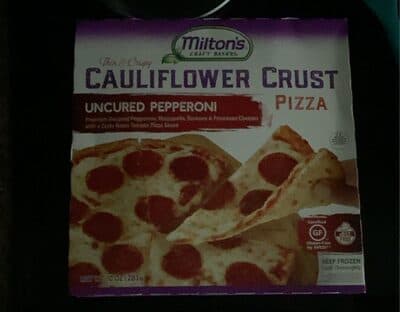 Uncured Pepperoni Premium, Mozzarella, Romano & Parmesan Cheeses with a Zesty Roma Tomato Pizza Sauce Thin & Crispy Cauliflower Crust Pizza