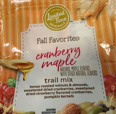Cranberry Maple Honey Roasted Walnuts & Almonds, Sweetened Dried Cranberries, Sweetened Dried Strawberry Flavored Cranberries, Pumpkin Kernels Trail Mix