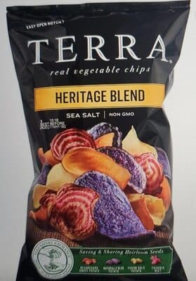Heritage Blend Sea Salt, Beauregard Sweet Potato, Naturally Blue Potato, Yukon Gold Potato, Chioggia Beet Real Vegetable Chips