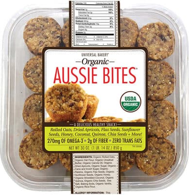 Aussie Bites, Rolled Oats, Dried Apricots, Flax Seeds, Sunflower Seeds, Honey, Coconut, Quinoa, Chia Seeds