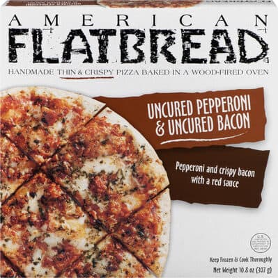 Delicious & Crispy Uncured Pepperoni & Uncured Bacon with Homemade Tomato Sauce, Mozzarella, White Cheddar, & Fresh Herbs Handmade, Wood-Fired, Thin & Crispy Pizza