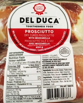 Dry cured prosciutto with mozzarella